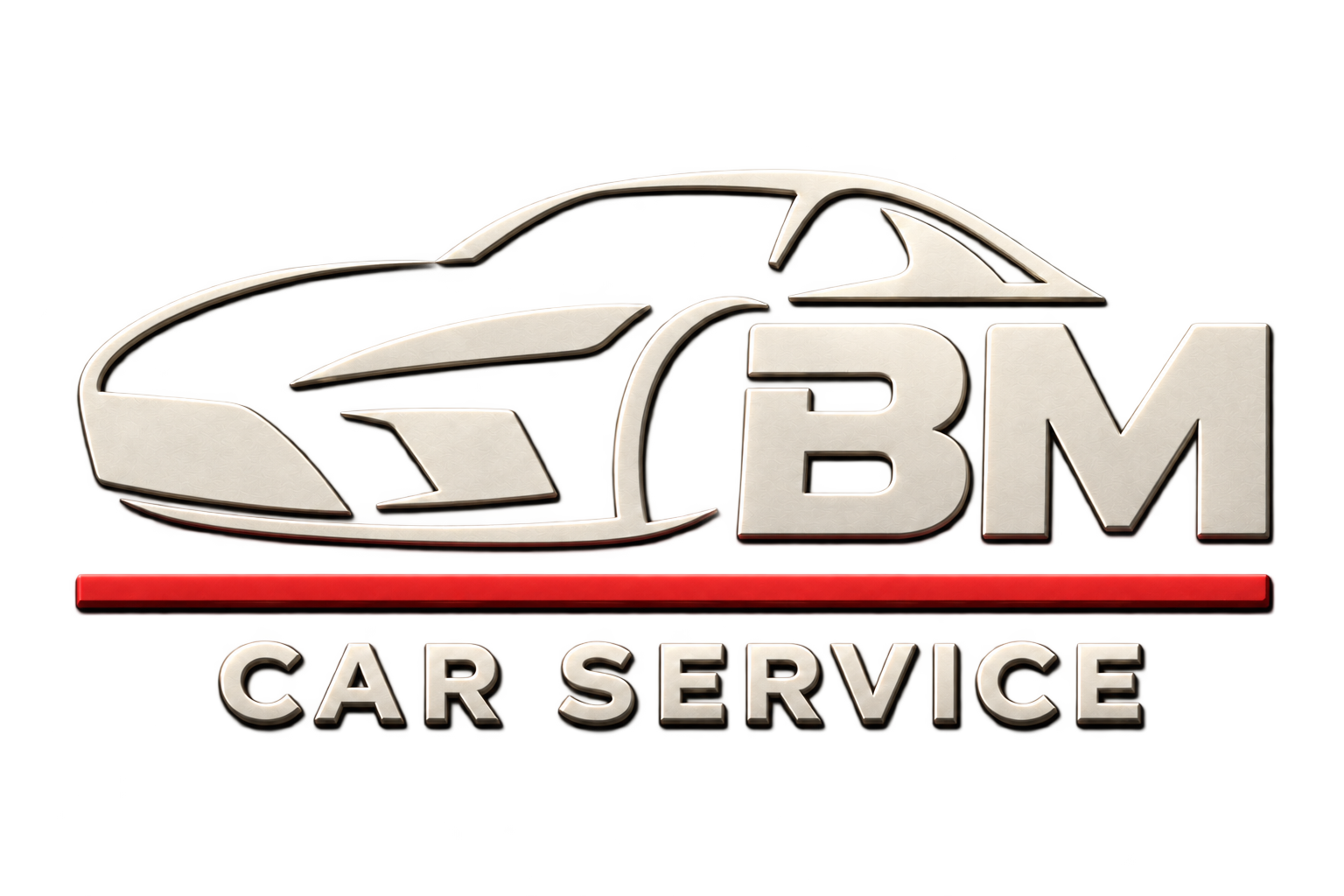 BM Car Service — logo em relevo, com carro e letras claras sobre grafite